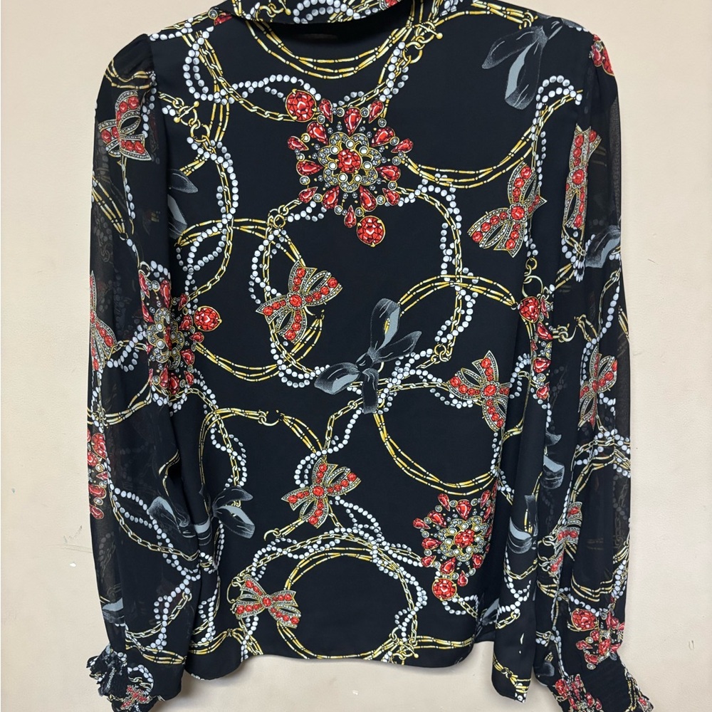 White House Black Market Black Sheer Blouse with Red Floral & Gold Chain Print - Picture 4 of 4
